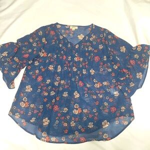 Style & Co Sheer Floral Top with Bell Ruffled Sleeves.